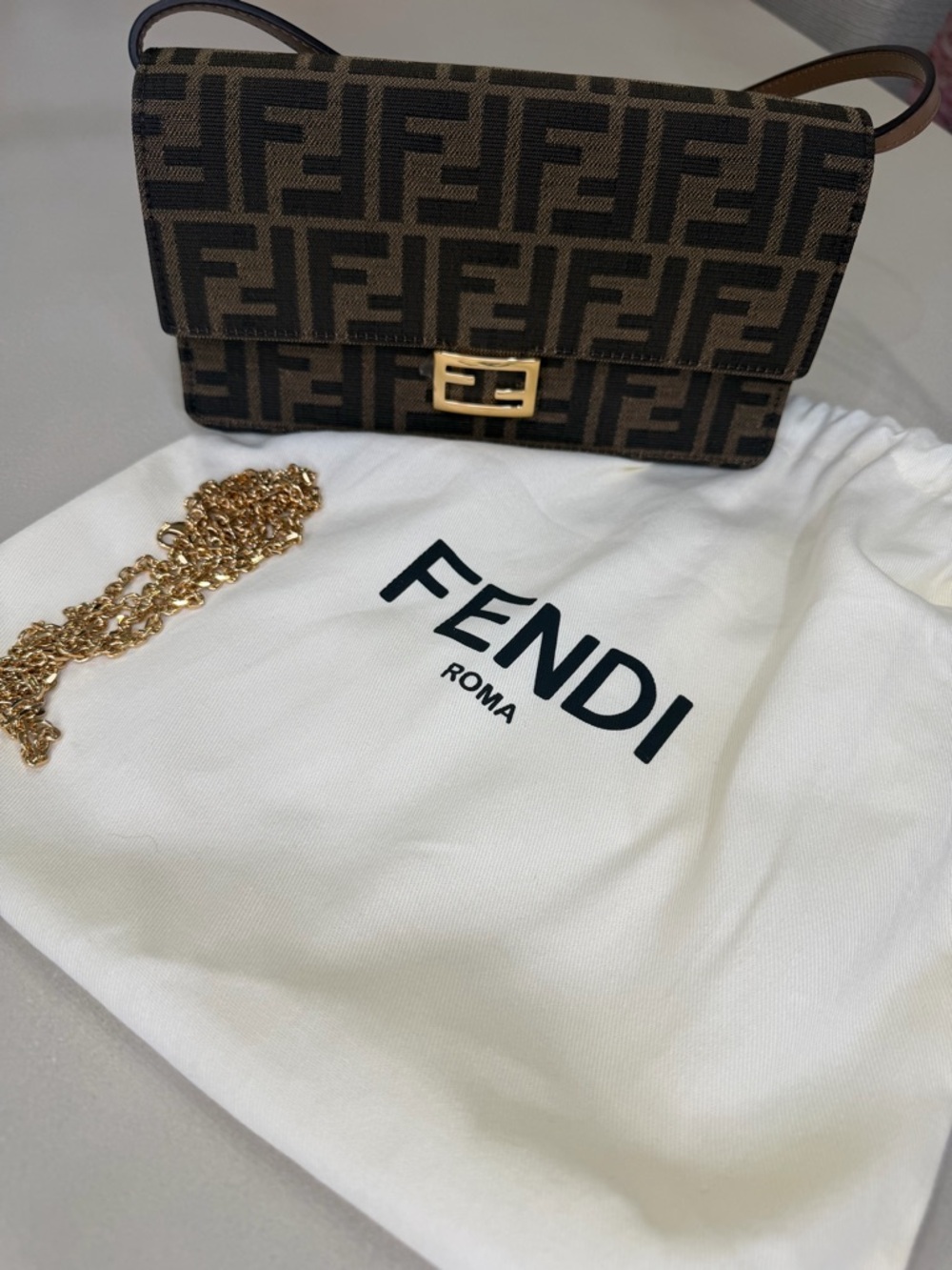 Fendi Monogram Small Canvas Shoulder Bag in Brown and Black with Gold Hardware